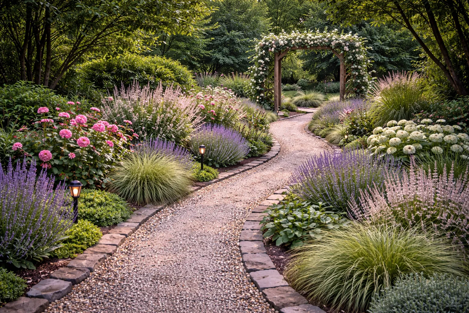 Allée bordée d'arbustes