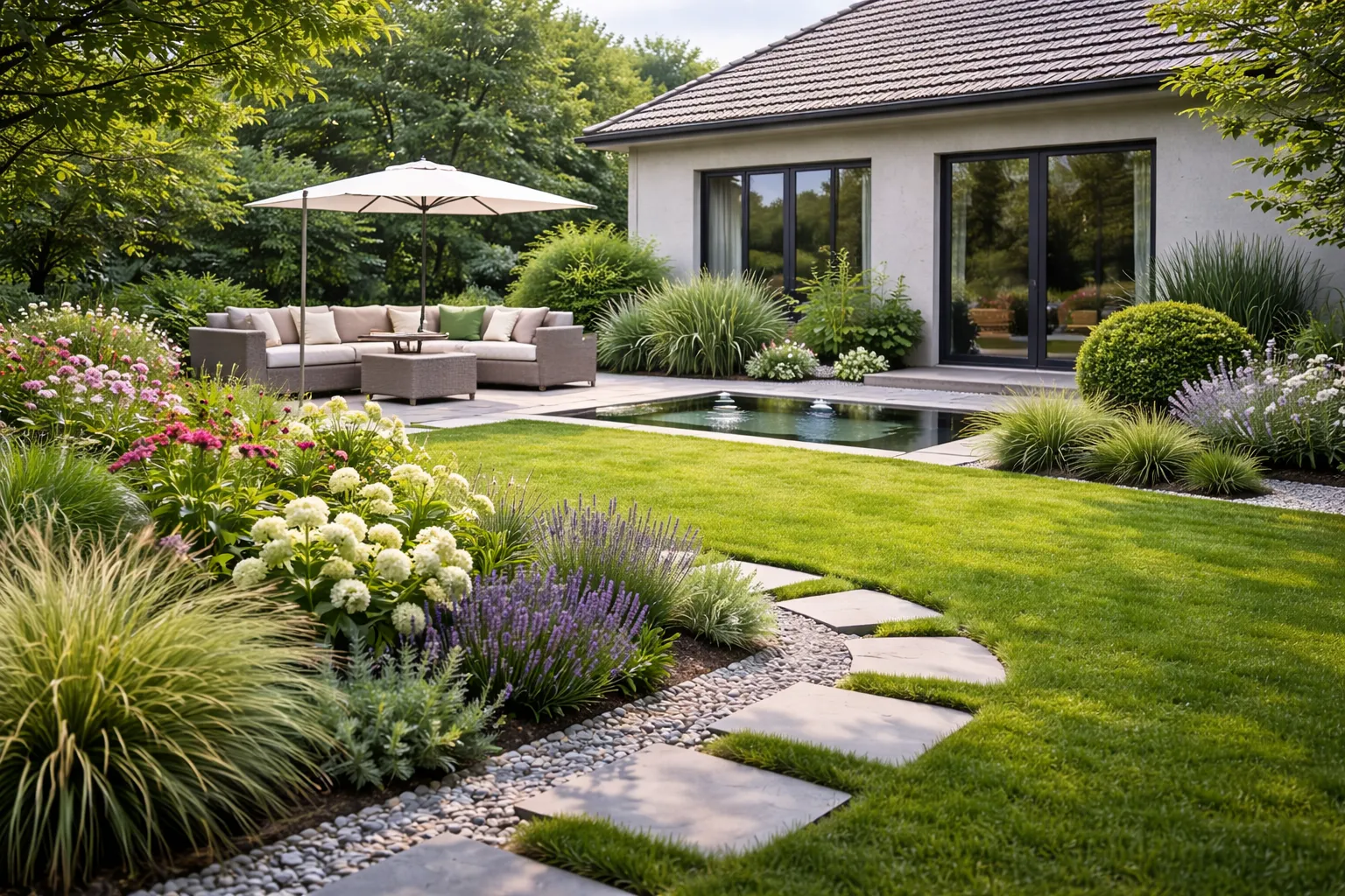 Jardin moderne avec terrasse en bois